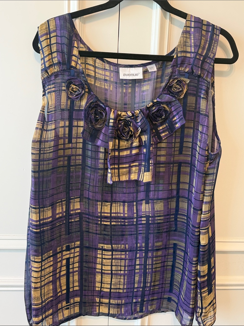 Avenue Purple & Gold Plaid Sleeveless Blouse with Floral Appliqués